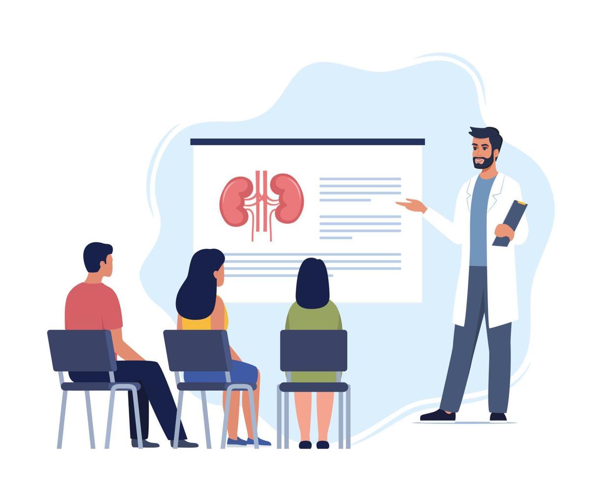 Doctor gives a training lecture about anatomy for students. Doctor presenting human kidneys infographics. Online medical seminar, lecture, healthcare meeting concept. Vector illustration.