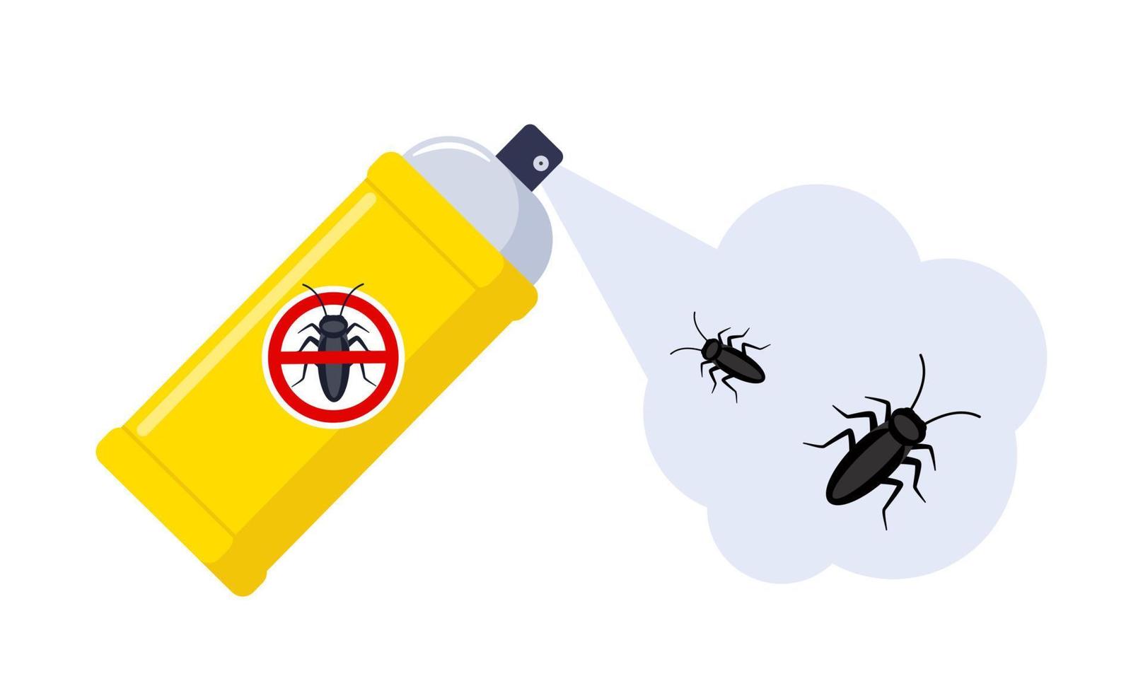 Spraying insecticide on cockroach. Pest control. Aerosol for bug bite prevention. Vector illustration.