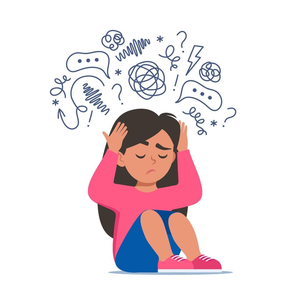 triste niña sentado en piso rodeado por corriente de ansioso pensamientos. autismo, niño estrés, mental trastorno, ansiedad, depresión, estrés, dolor de cabeza. niño atascado orejas con manos. vector ilustración.