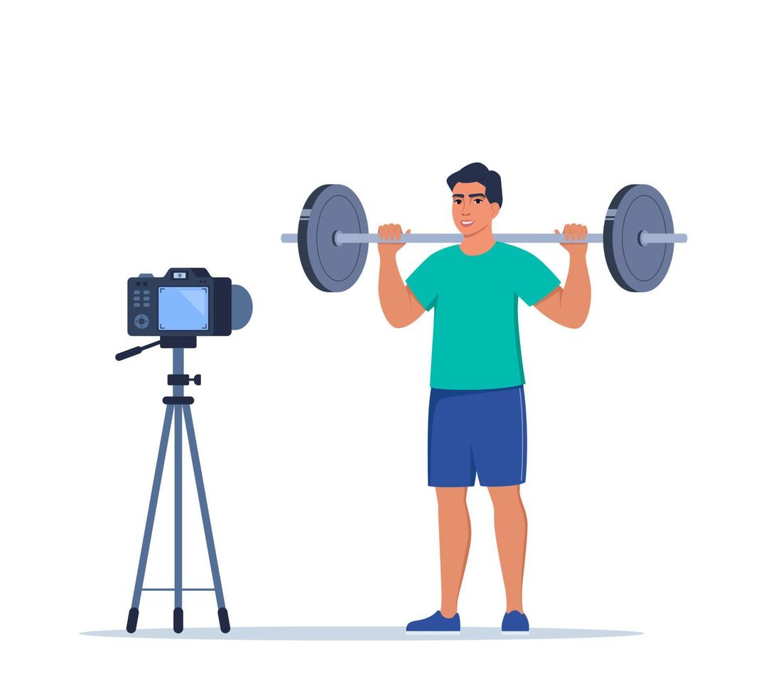 Man doing standing barbell shoulder press exercise recording video with camera on tripod. Social network blogging, healthy lifestyle concept. Sport streming. Vector illustration.