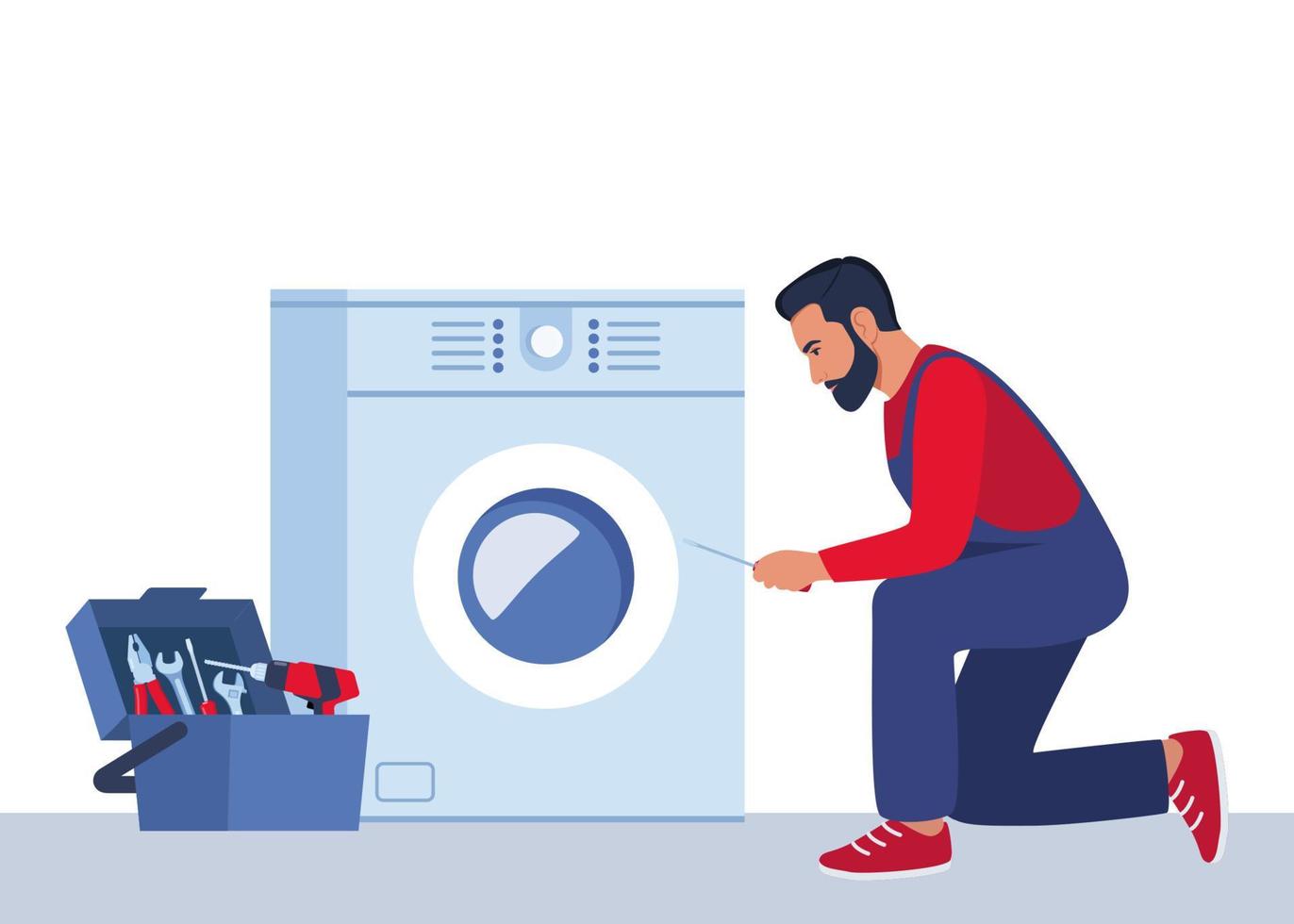 Master with set of professional tools repairs a washing machine. Washing machines repair service. Man character in uniform and washing machine with a breakdown. Vector illustration.