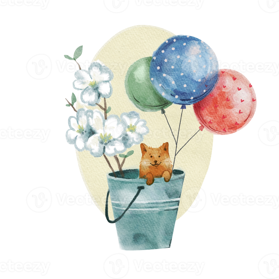 Playful Pup in a Bucket Watercolor Illustration of a Dog with Flowers and Balloons png