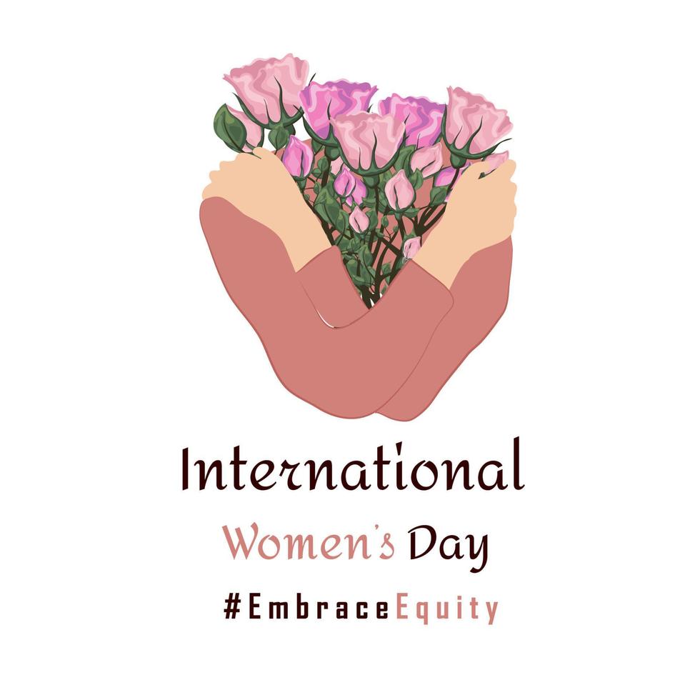 International Women s Day 8 March. BreakTheBias Horizontal poster with crossed arms of a woman hugging a bouquet of roses. Vector illustration in flat style for banner, social media