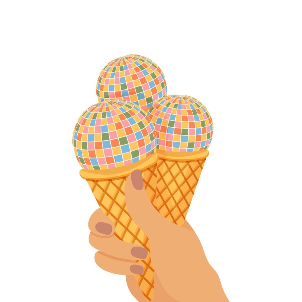 Disco ball in the shape of ice cream in retro hippie style of the 70s on a transparent background. vector