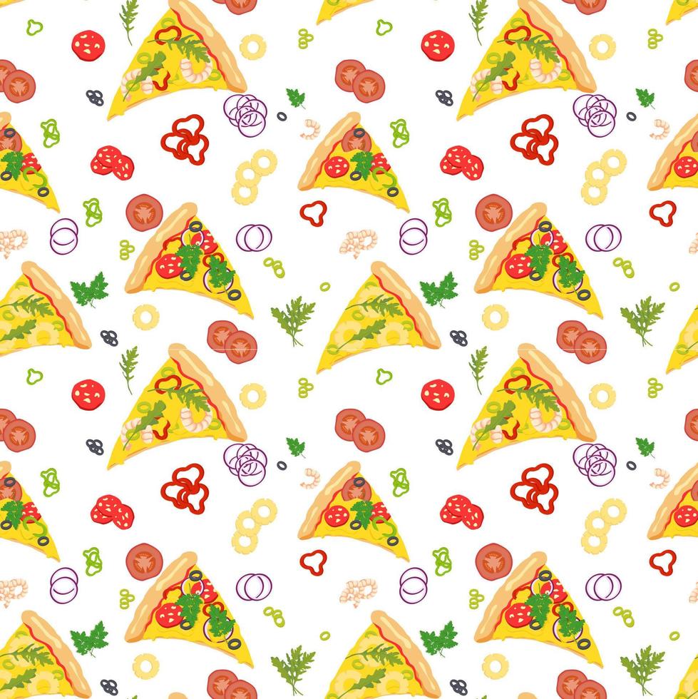 Seamless background with pizza slices and ingredients. The background is colorless. vector