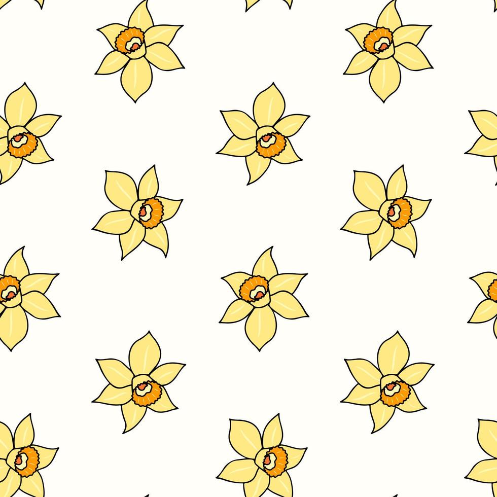 Seamless pattern of hand drawn doodle daffodils on isolated background. Design for mothers day, Easter, springtime and summertime celebration, scrapbooking, textile, home decor, paper craft. vector