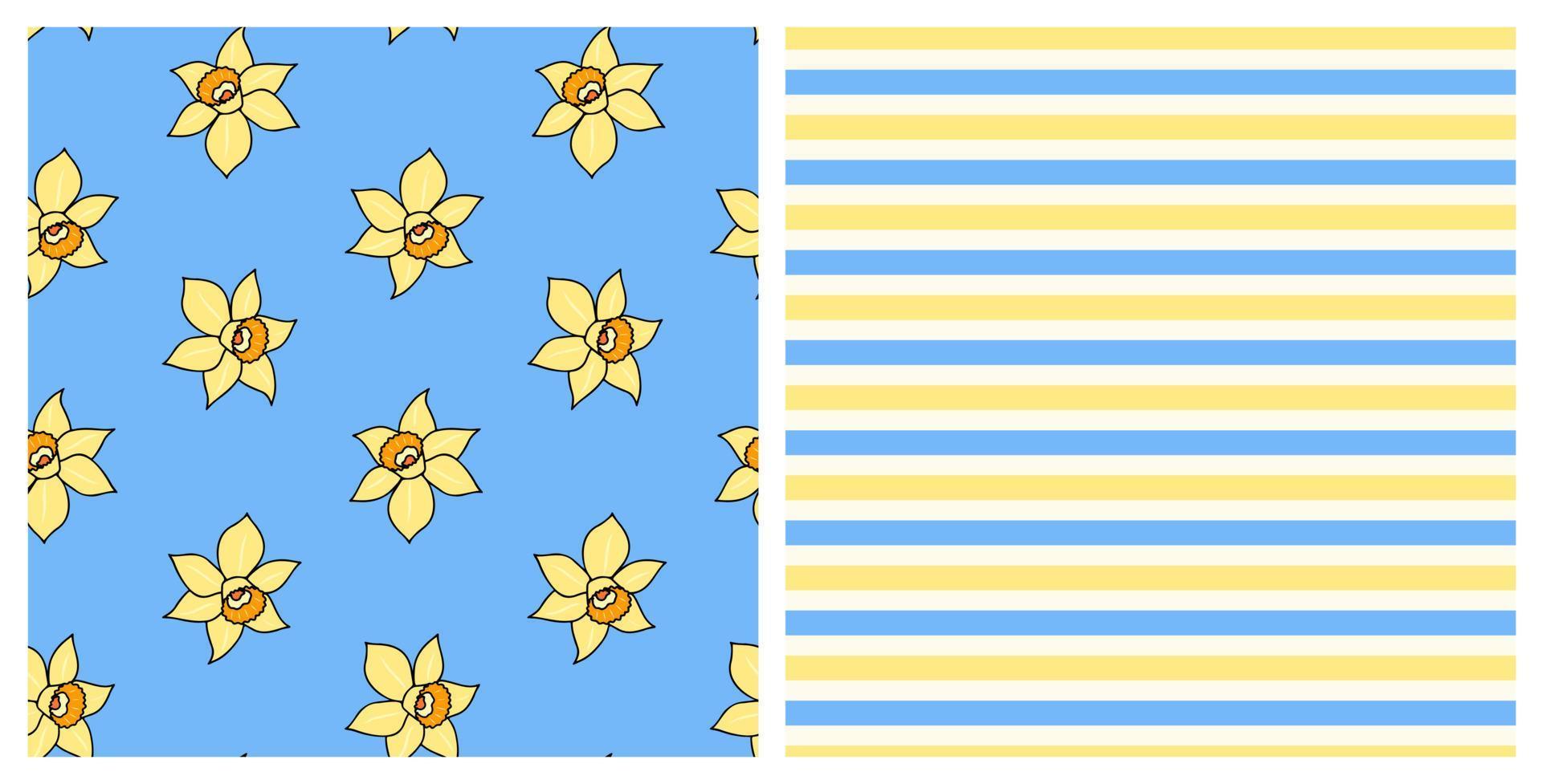 Set of seamless patterns with hand drawn daffodils and stripes, on isolated background. Design for mothers day, Easter, springtime and summertime celebration, scrapbooking, home decor, paper crafts. vector