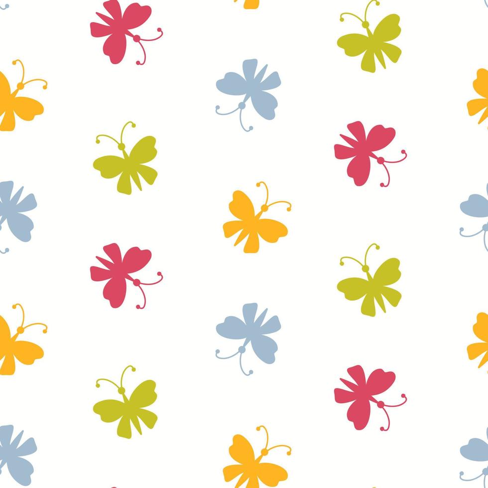 Seamless pattern of hand drawn colourful butterflies on isolated background. Design for mothers day, springtime, summertime, love and wedding celebration, scrapbooking, textile, home or nursery decor. vector