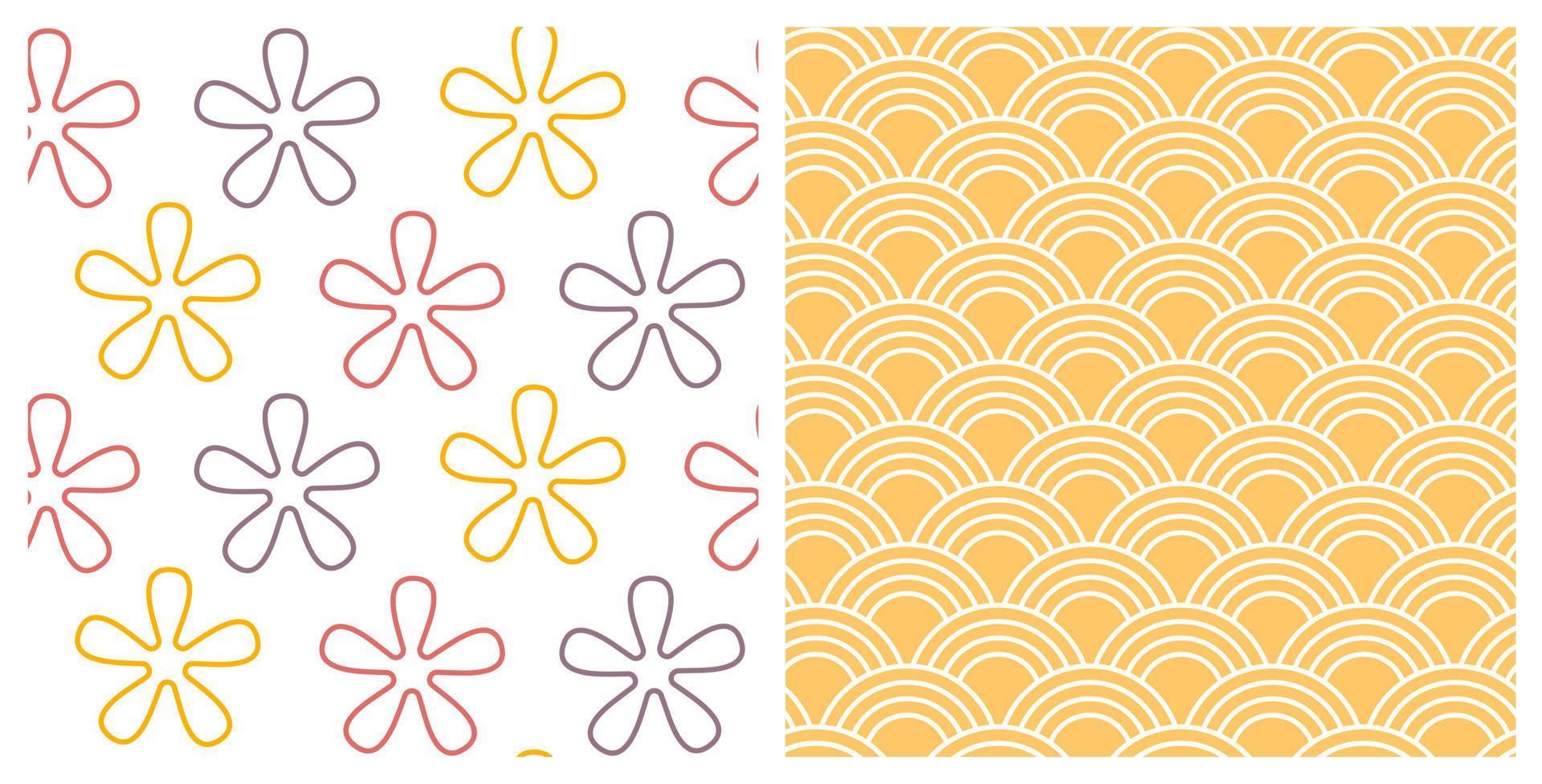 Set of seamless patterns with hand drawn doodle flowers and Japanese wave pattern on isolated background. Design for mothers day, Easter, springtime and summertime celebration, scrapbooking. vector