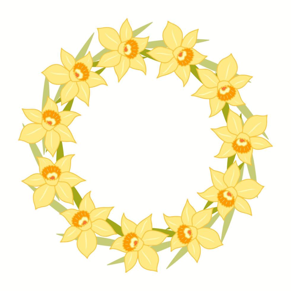 Clip art of hand drawn wreath with daffodils on isolated background. Design for mothers day, springtime and summertime celebration, scrapbooking, wedding invitation, textile, home decor. vector