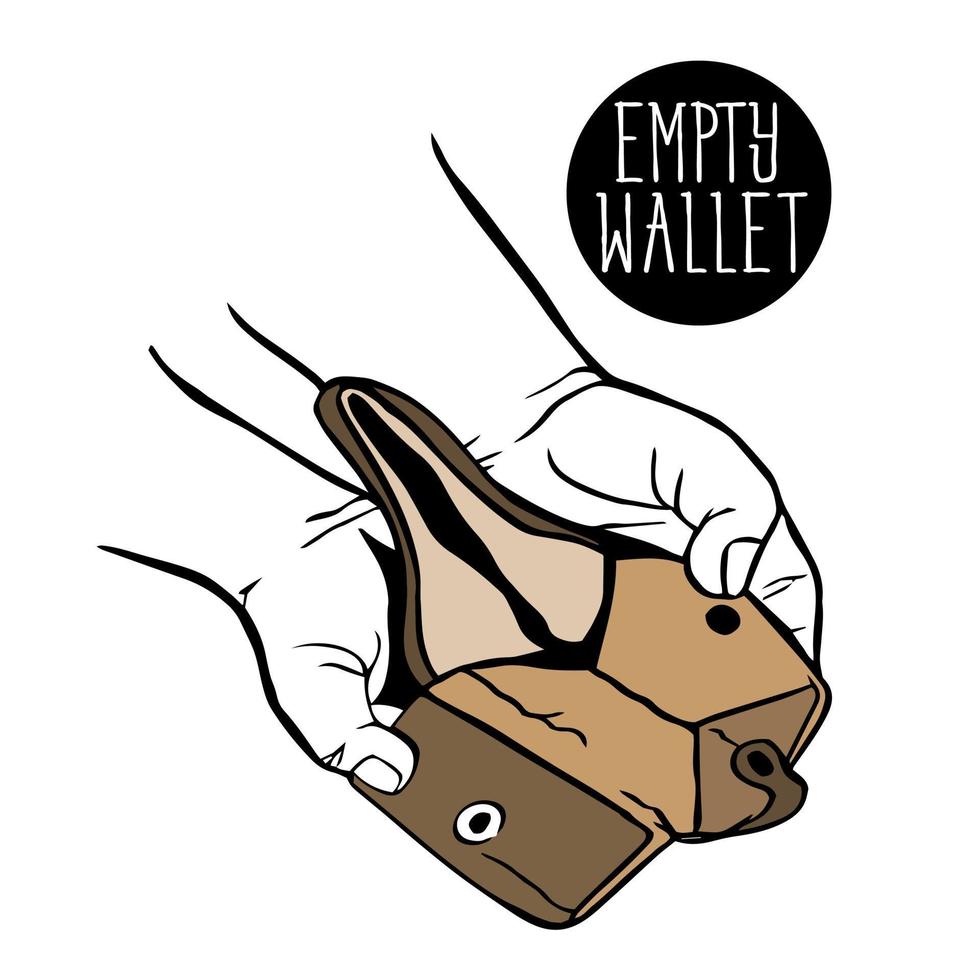 sketch in the hands of an empty open wallet. An open leather wallet without money and coins. An empty wallet in two hands without money, coins. The money crisis. fight poverty vector