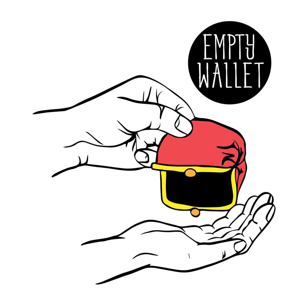 sketch of hand with an empty wallet. An open pink wallet without money. An empty wallet in two hands without money, coins. The money crisis. fight poverty and lack of money. vector