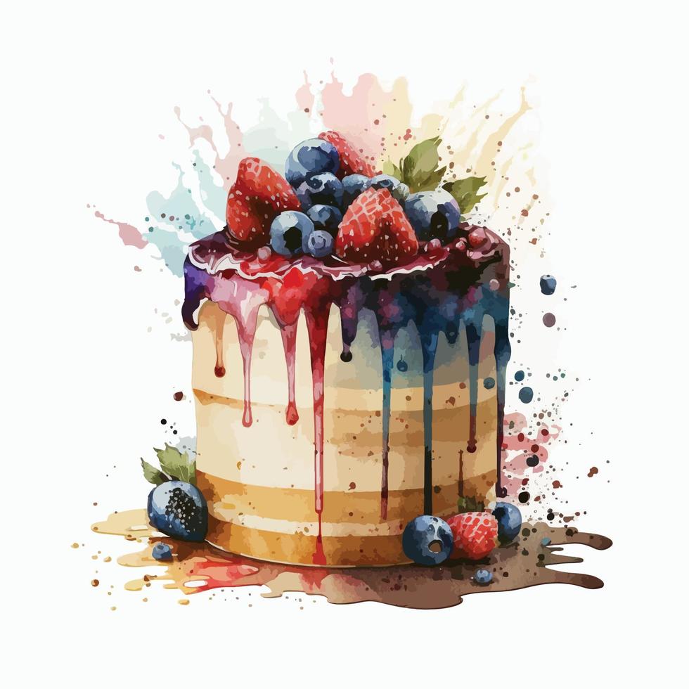 watercolor cake with strawberry, blackcurrant and drizzled honey. Hand drawn illustration, Free Vector