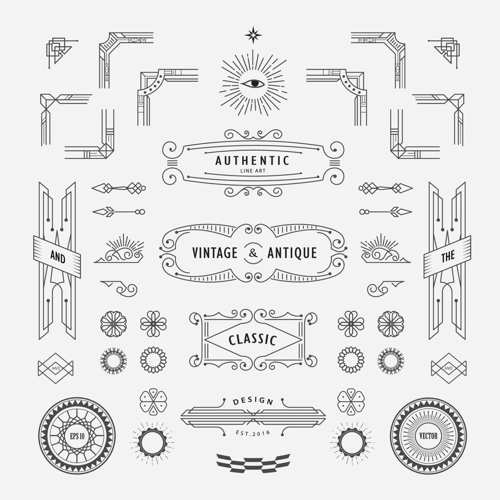 Set of linear thin line geometric shape vintage art deco retro design elements with frame corner badge vector