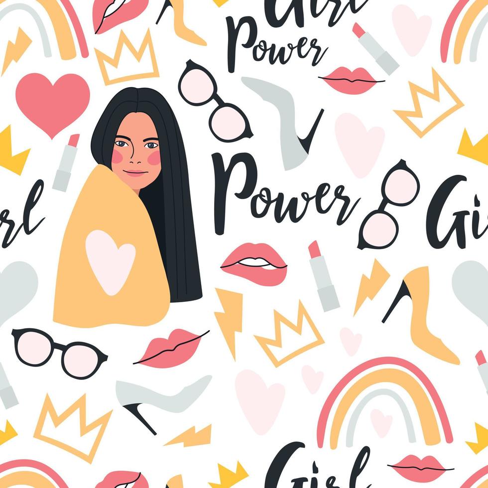 Seamless vector pattern with a set of elements - a young woman, glasses, hearts, high heels, lips, lipstick, crowns, rainbows, and inscriptions. Endless background of Girl Power concept