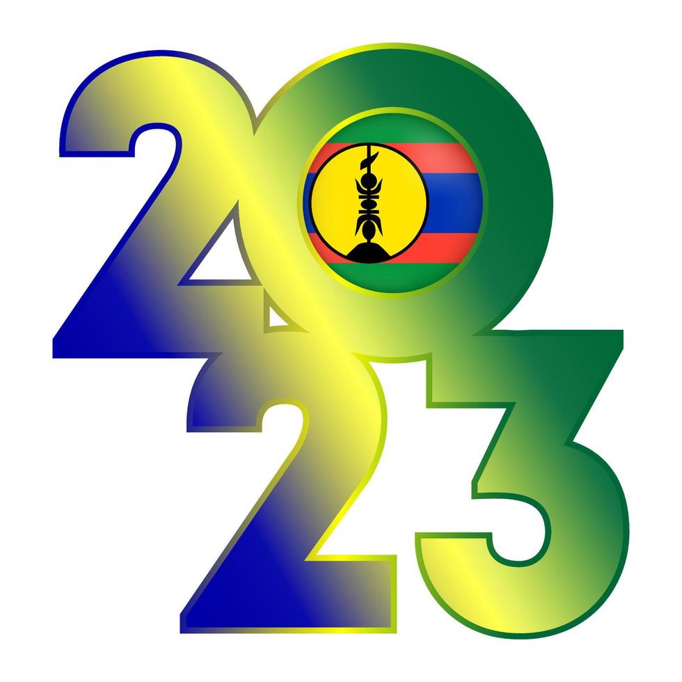 Happy New Year 2023 banner with New Caledonia flag inside. Vector illustration.