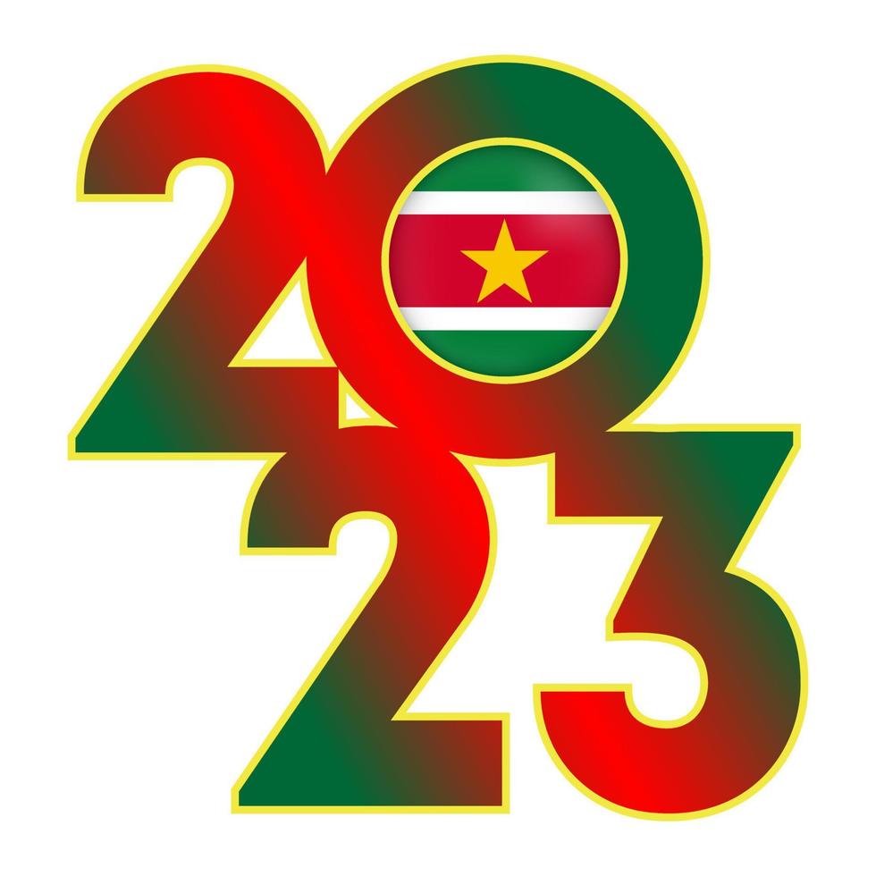 Happy New Year 2023 banner with Suriname flag inside. Vector illustration.