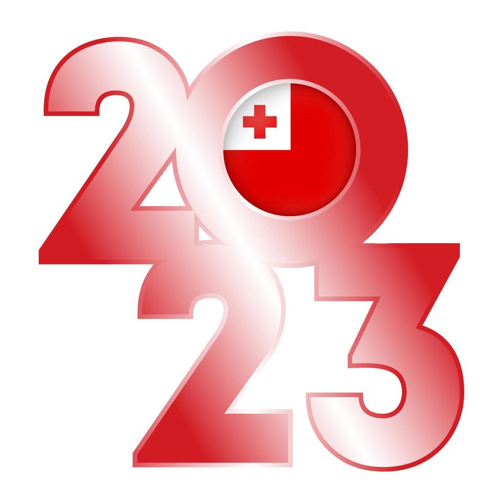 Happy New Year 2023 banner with Tonga flag inside. Vector illustration.