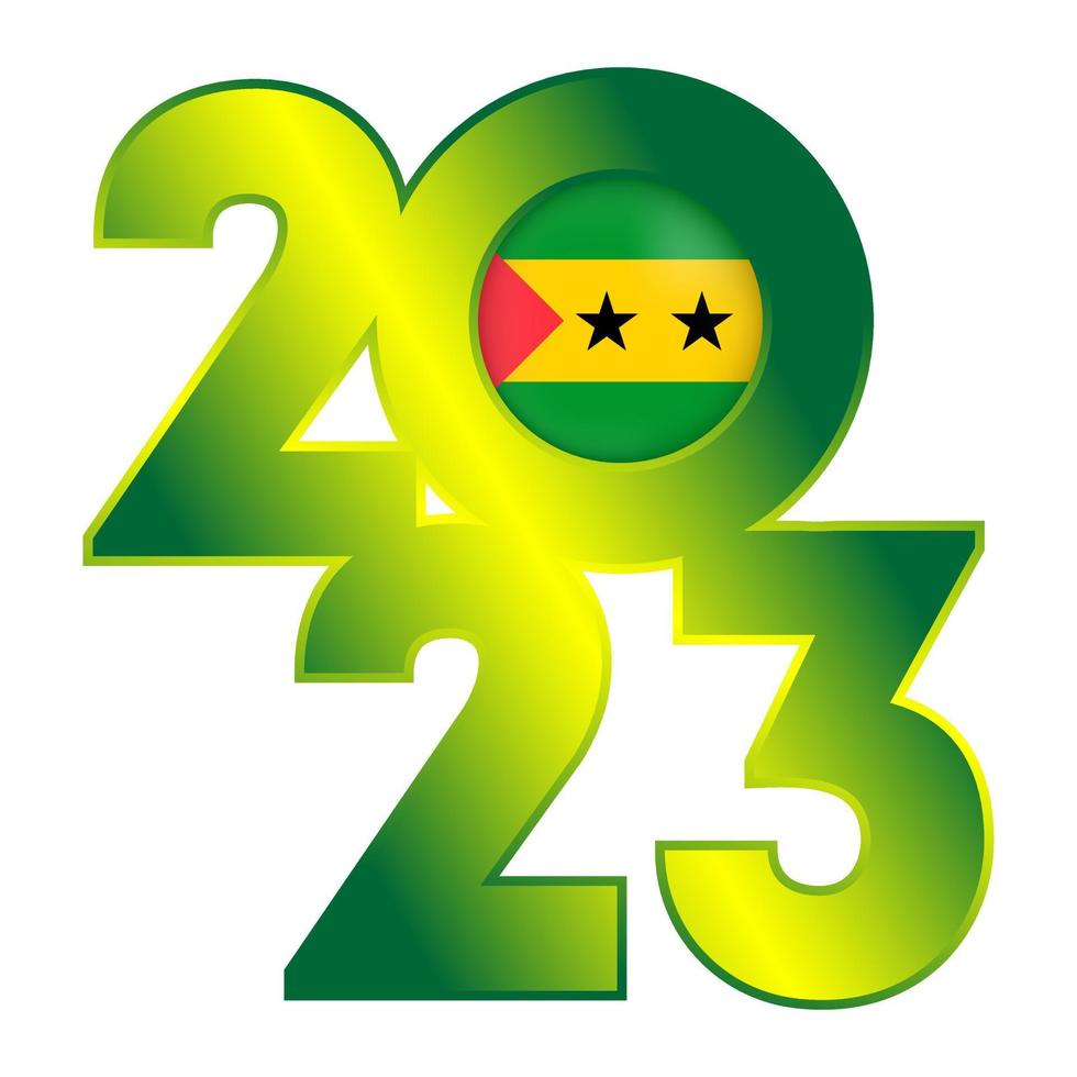Happy New Year 2023 banner with Saint Thomas and Prince flag inside. Vector illustration.
