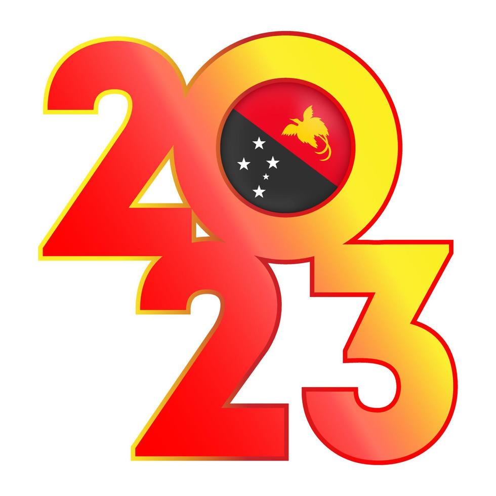 Happy New Year 2023 banner with Papua New Guinea flag inside. Vector illustration.
