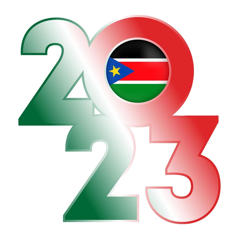 Happy New Year 2023 banner with South Sudan flag inside. Vector illustration.