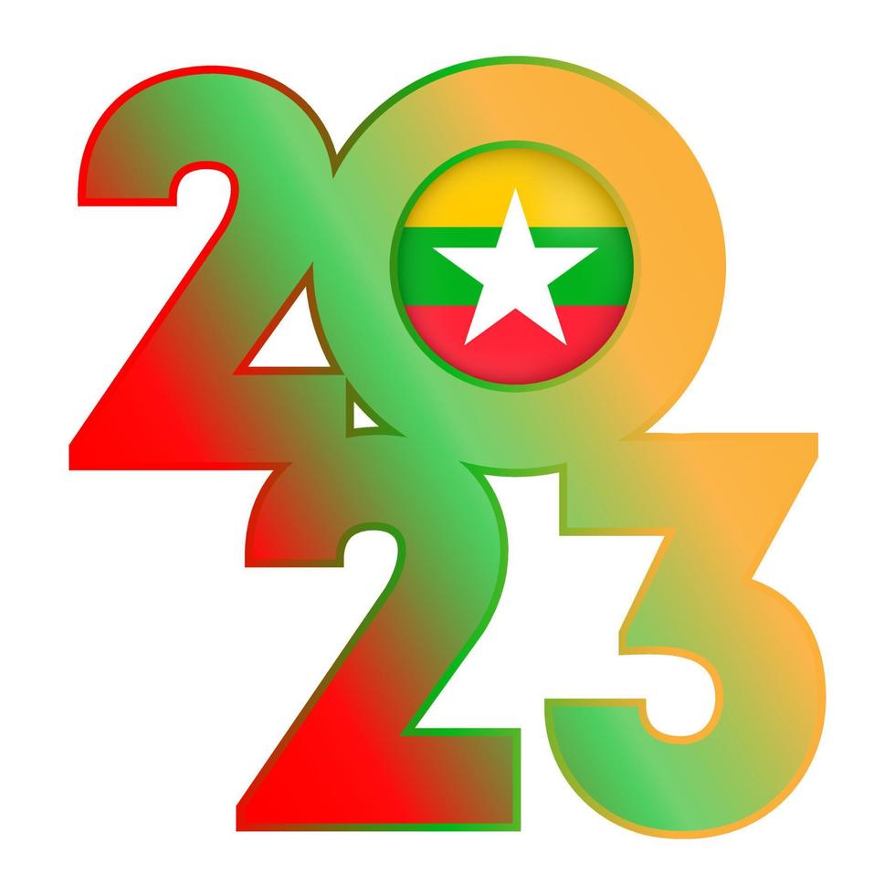 Happy New Year 2023 banner with Myanmar flag inside. Vector illustration.