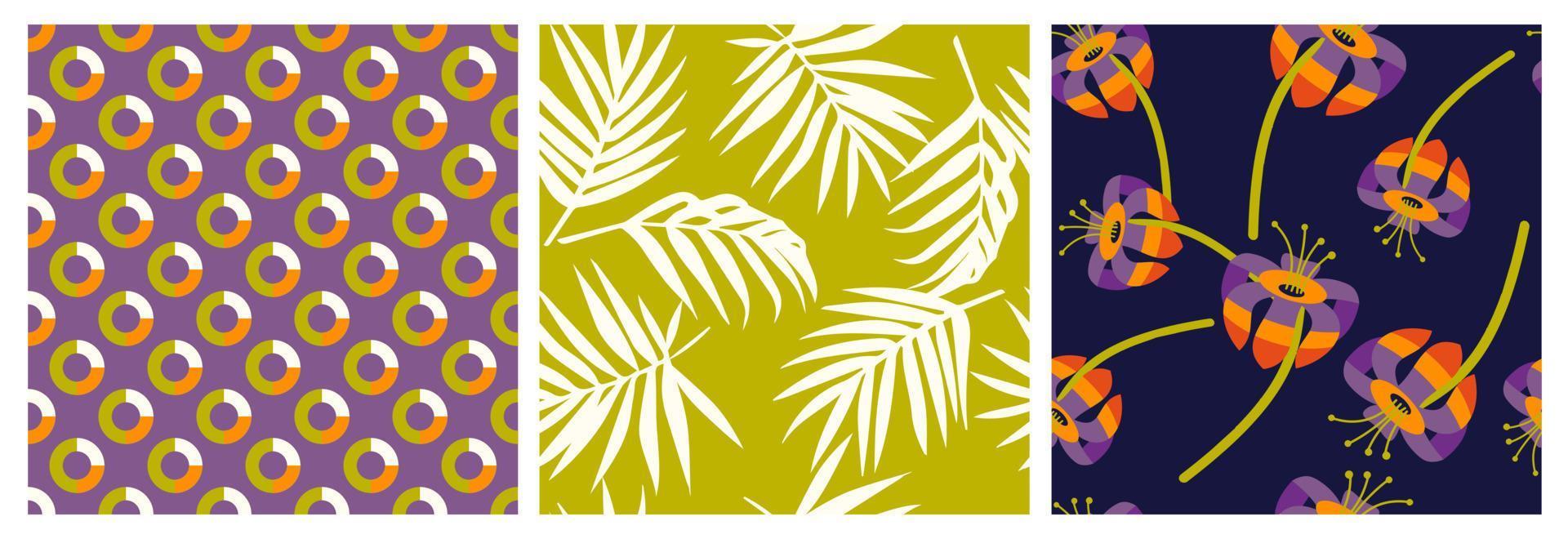 conjunto de mano dibujado flores, polca punto, raya, retro resumen antecedentes. sin costura patrones con floral para tela, textiles, ropa, envase papel, cubrir, interior decoración. vector