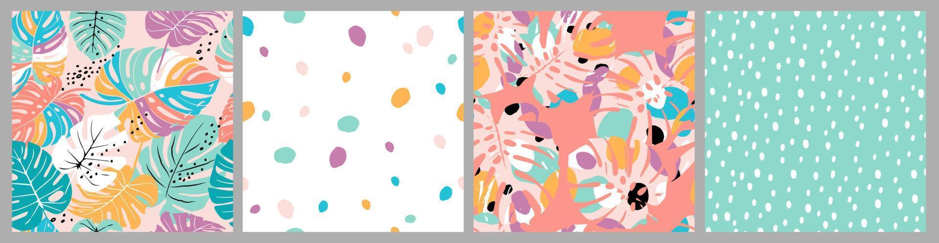 Set of Hand drawn tropical leaf and flowers, polka dot, abstract backgrounds. Seamless patterns with floral for fabric, textiles, clothing, wrapping paper, cover, interior decor. vector