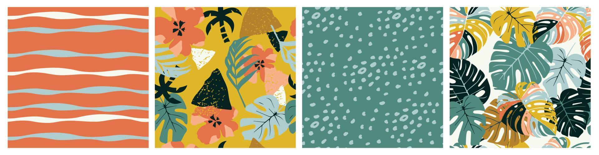 Set of Hand drawn tropical leaf and flowers, polka dot, abstract backgrounds. Seamless patterns with floral for fabric, textiles, clothing, wrapping paper, cover, interior decor. vector