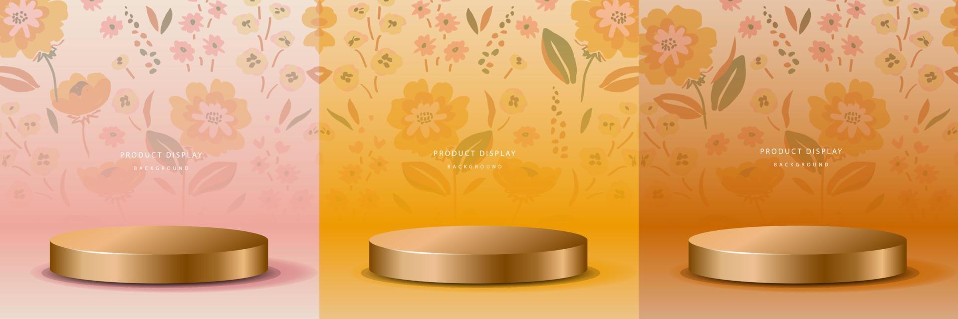 Set of 3D luxury retro flower background with realistic cylinder pedestal podium. Mockup product display. Stand to show cosmetic products. Minimal wall scene. Stage showcase. vector