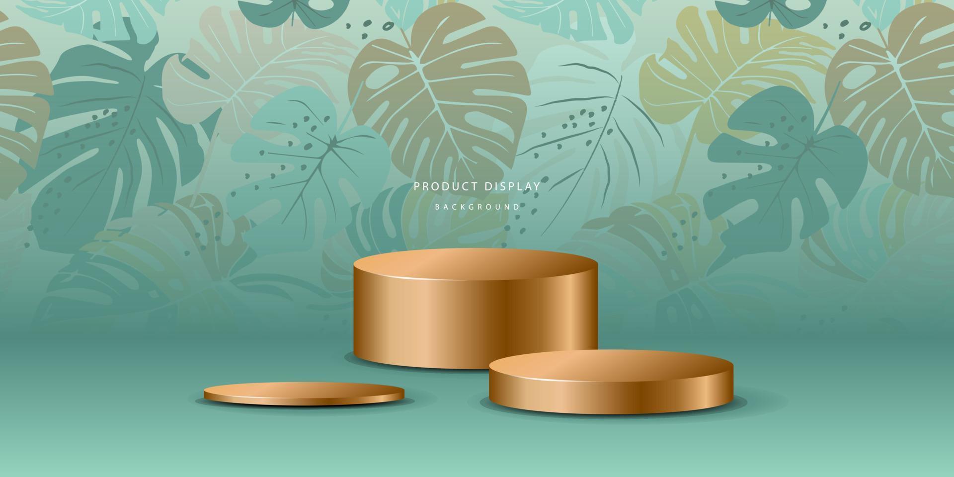 3D luxury tropical background with realistic cylinder pedestal podium. rendering geometric forms. Mockup product display. Stand to show cosmetic products. Minimal wall scene. Stage showcase. vector
