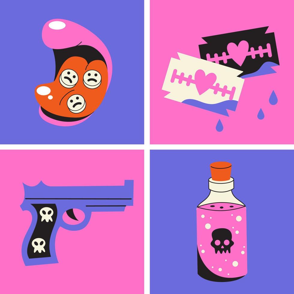 A set of emo elements. Pink and black stickers in the style of punk and rock. Poison, pistol, blades. vector