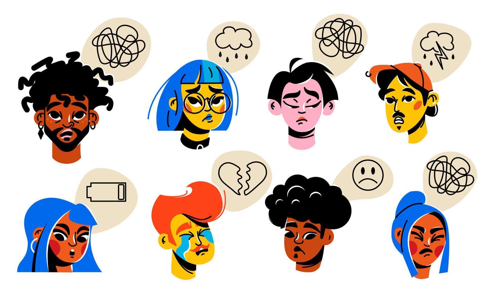 un conjunto de caracteres con emociones personas son triste, preocupado. psicoterapia, reflexión, agotamiento, emociones vector
