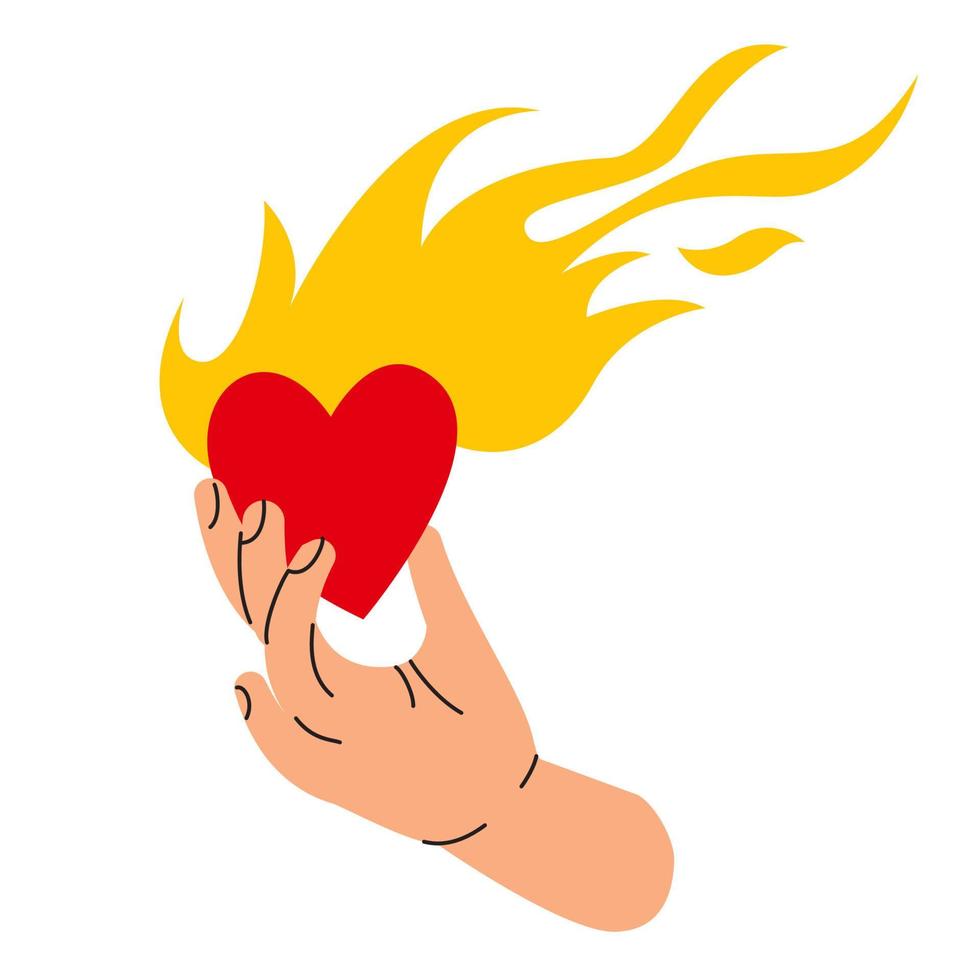 A burning heart in my hand. Fingers hold love and flame. Vector illustration on a white background. Logo