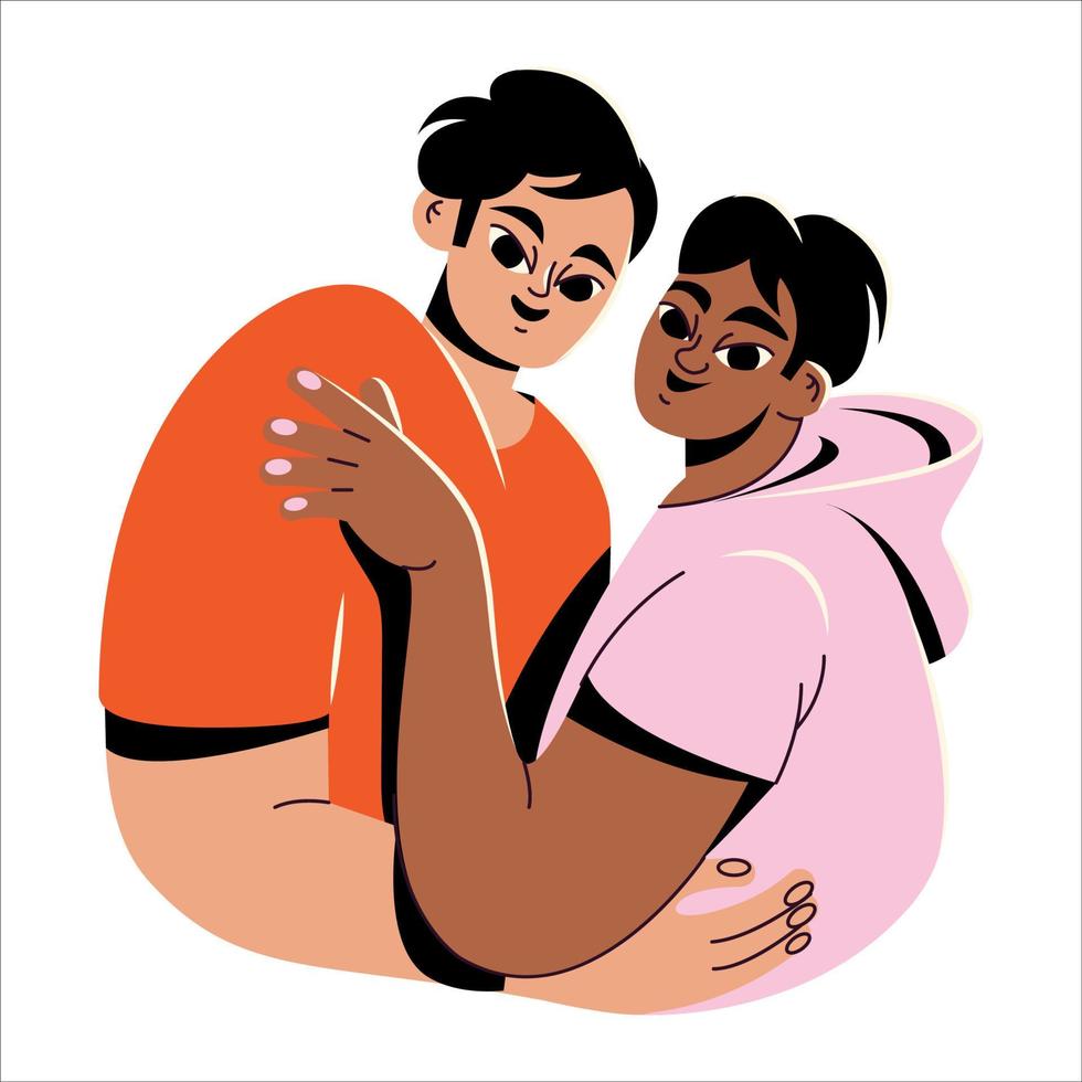 un Pareja de amantes 2 hombres abrazo. lesbianas, orgullo. caucásico y negro amigos son sonriente. hermosa gay hombres vector