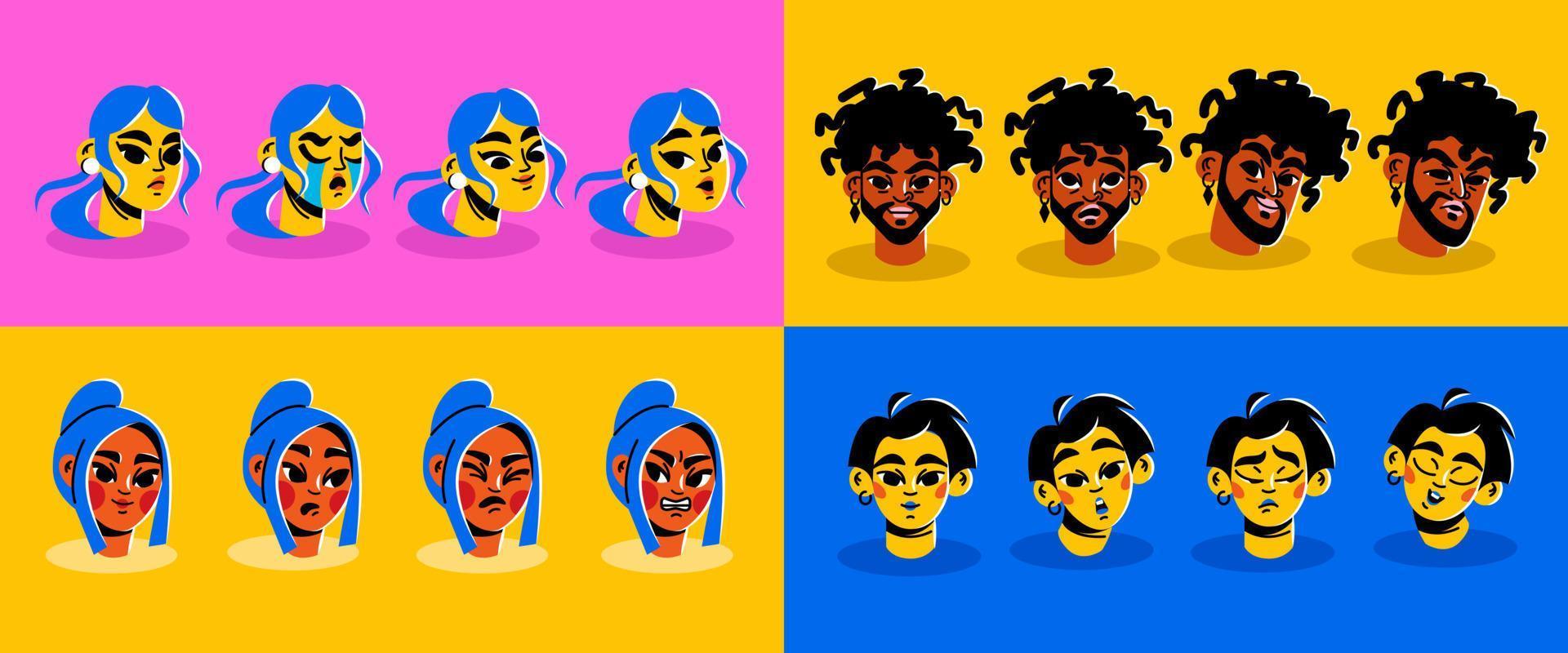 A large set of characters. Diverse people with different emotions. Smiling, sad, crying, angry vector