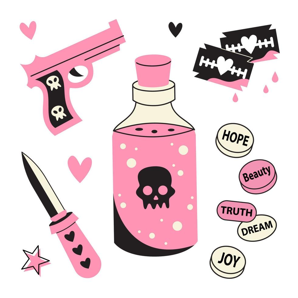 A set of emo elements. Pink and black stickers in the style of punk and rock. Poison, dagger, pistol, blades. vector