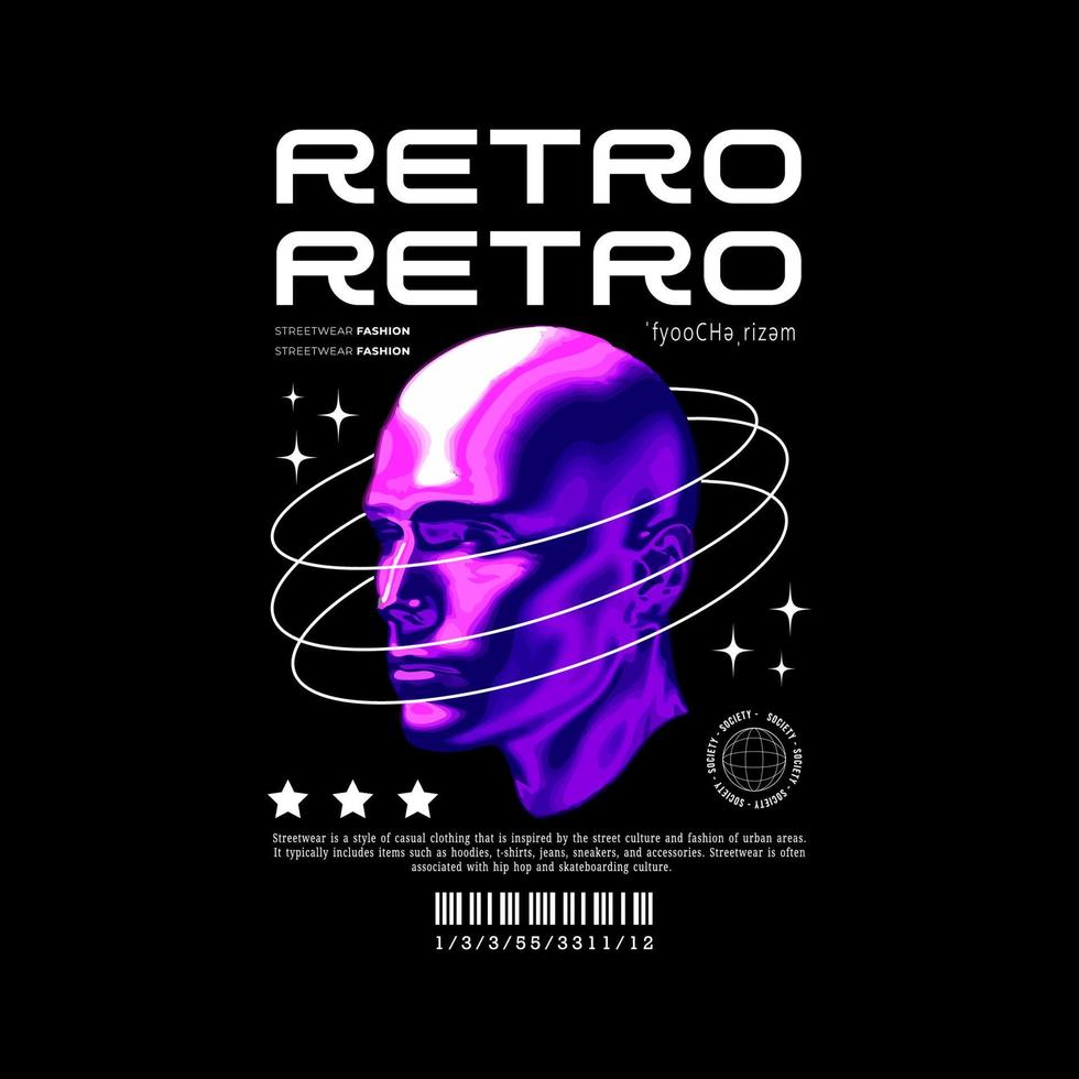 futurista retro diseño con vistoso cyborg cabeza elementos. impresión para pantalla impresión o ropa de calle camisetas vector