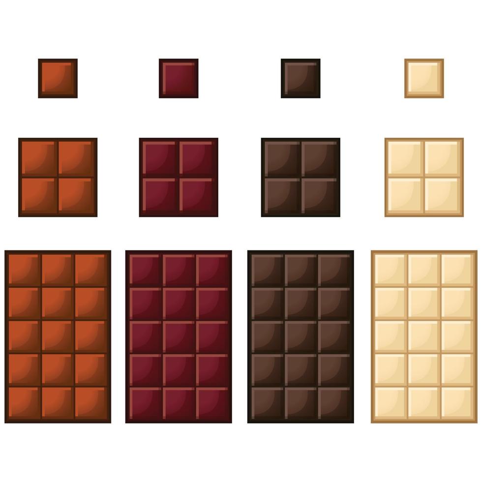 Set of chocolate bar isolated on white background. Vector cartoon flat design illustration collection template. Dark chocolate, white chocolate, milk chocolate