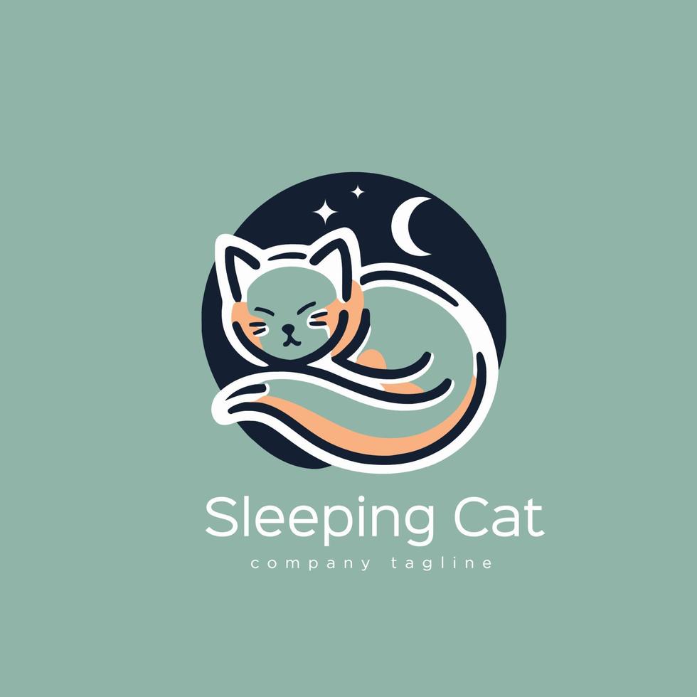 Sleeping cat logo design template. Cute cartoon kitty vector illustration. vector flat color