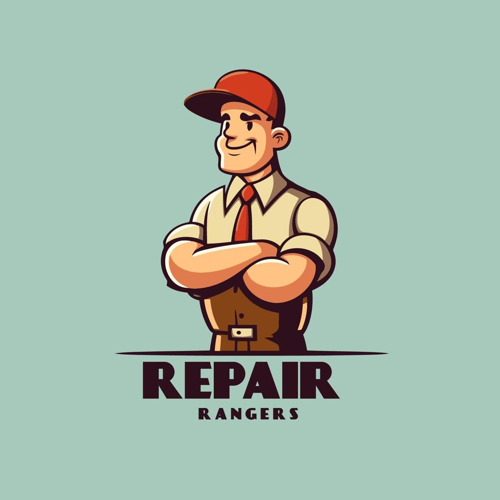 Retro worker with folded arms. Vector illustration of a man in a cap and shirt.