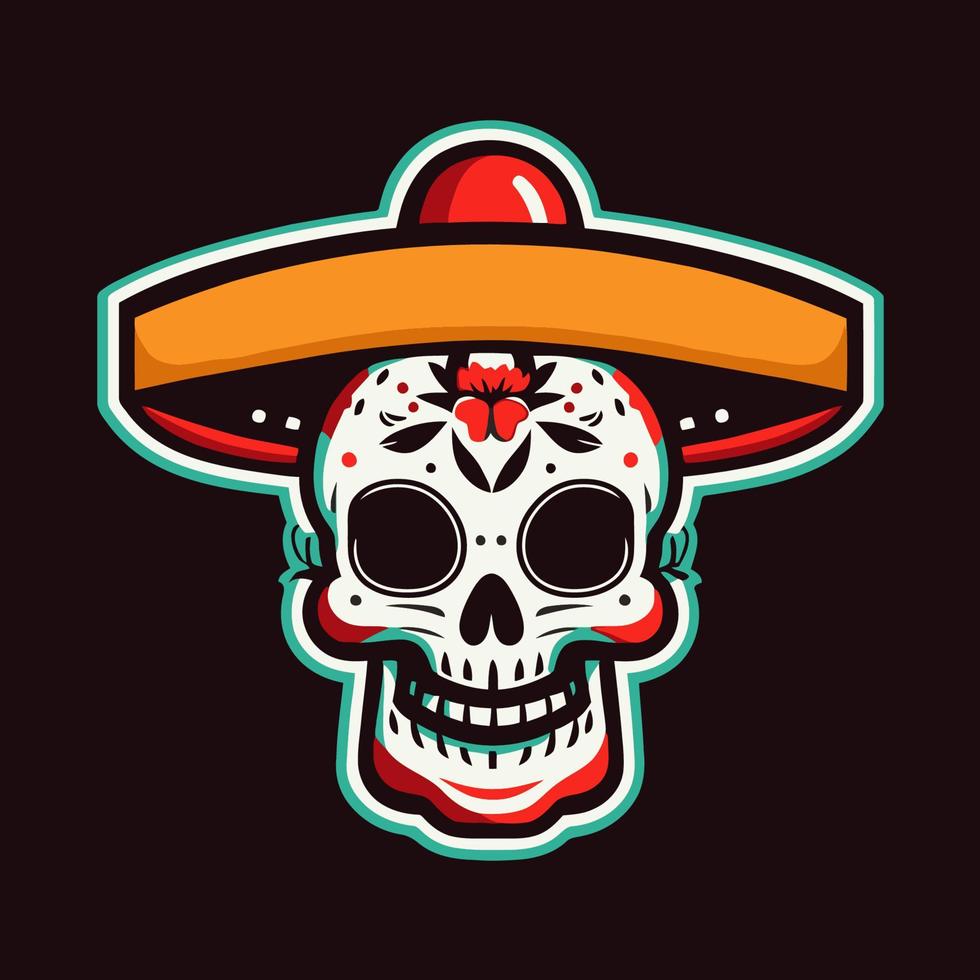Mexican skull with sombrero. Vector illustration on dark background.