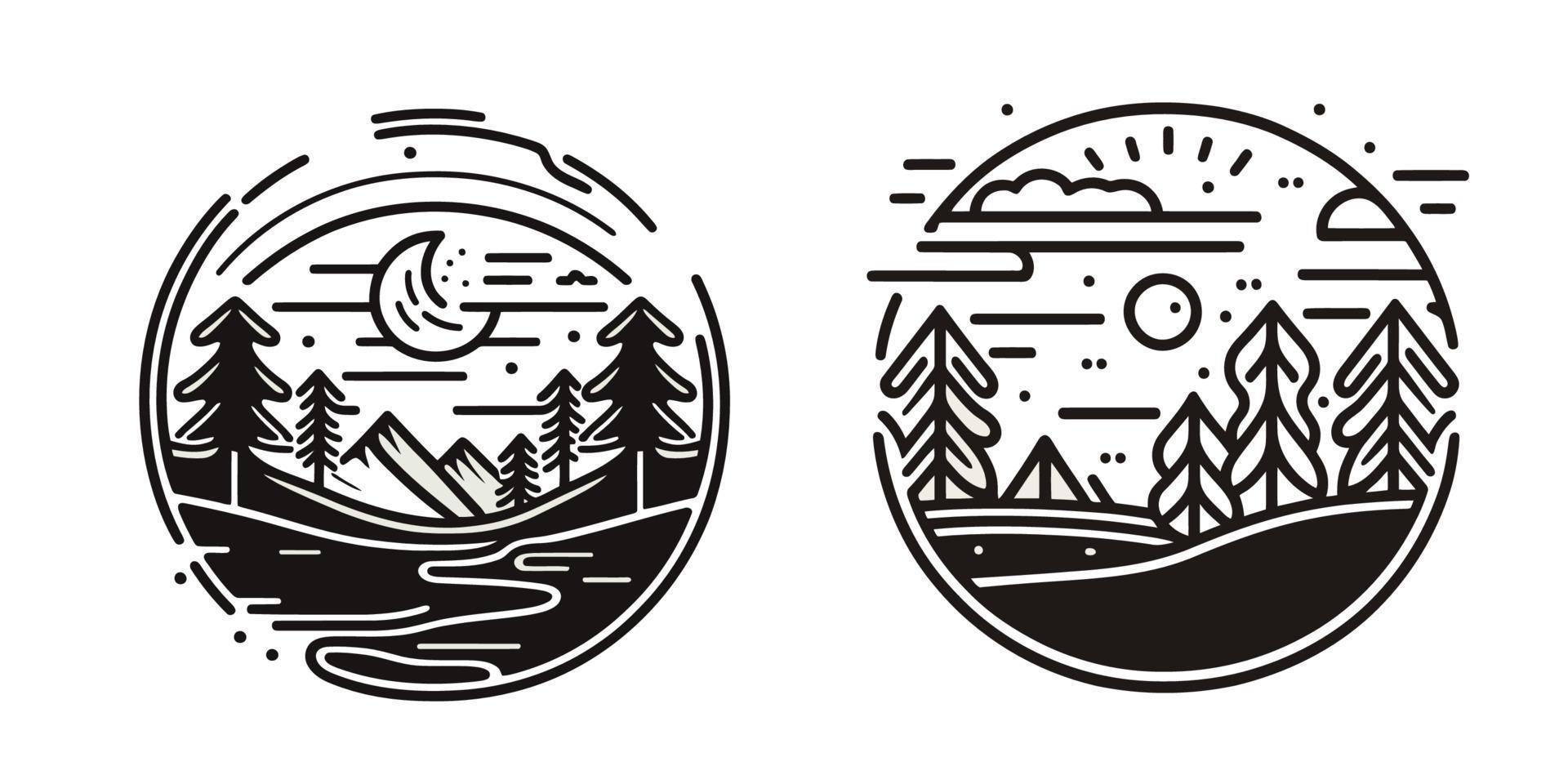montañas, bosque, río y Luna en lineal estilo. vector ilustración