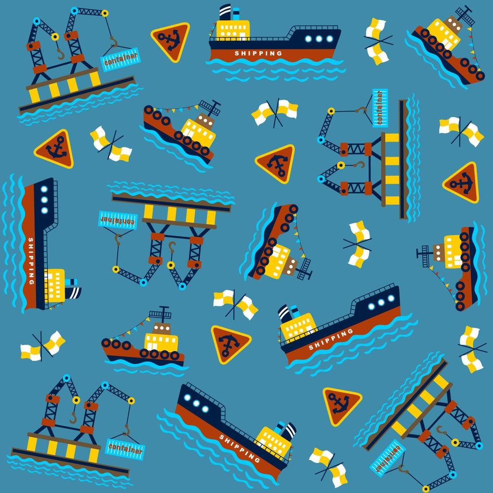 vector cartoon seamless pattern of cargo ship with port elements