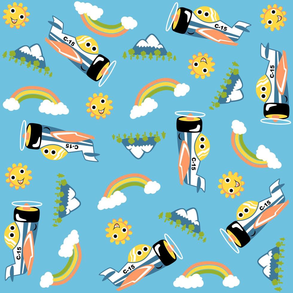 vector cartoon seamless pattern of cute airplane with sky objects and mountains