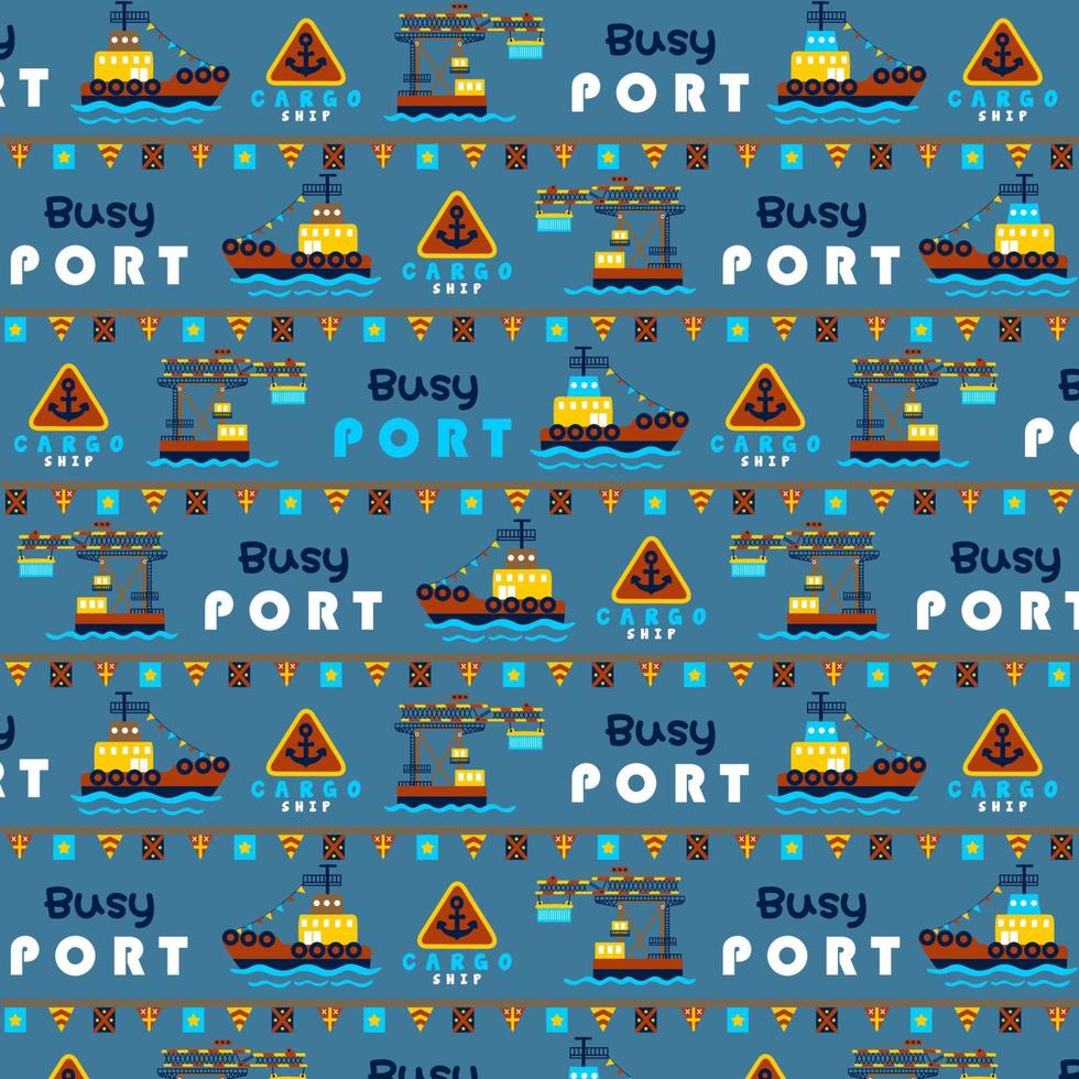 vector cartoon pattern of tugboat with port elements