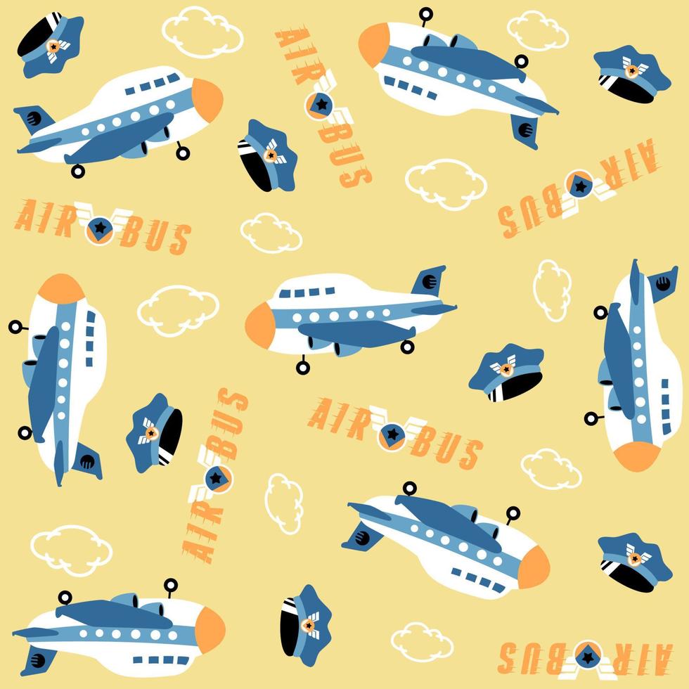 Vector cartoon seamless pattern of airplane with pilot cap, air transport elements