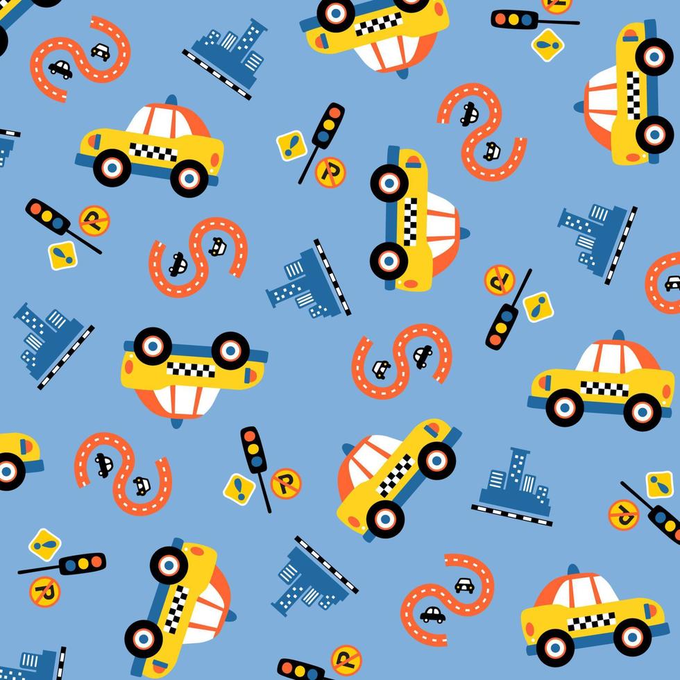 Vector cartoon pattern. yellow taxi with city traffic elements