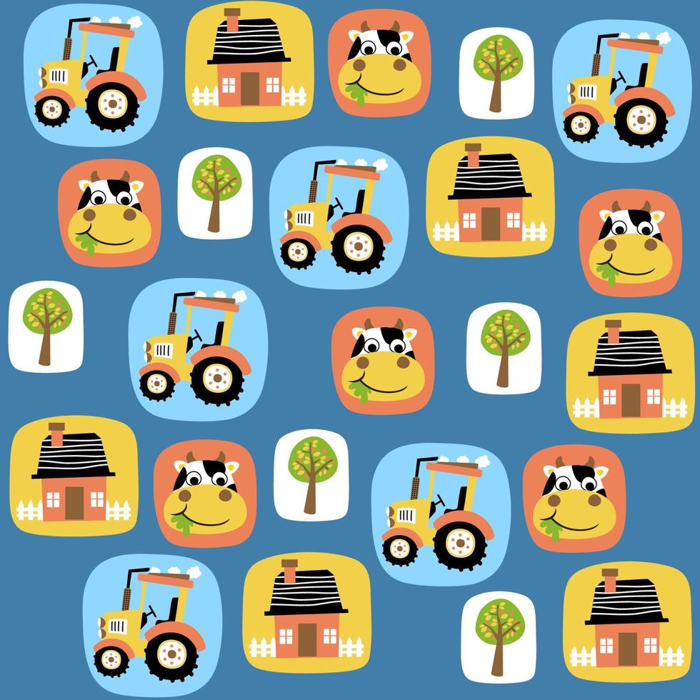 vector cartoon seamless pattern of funny cow smile face with farming elements