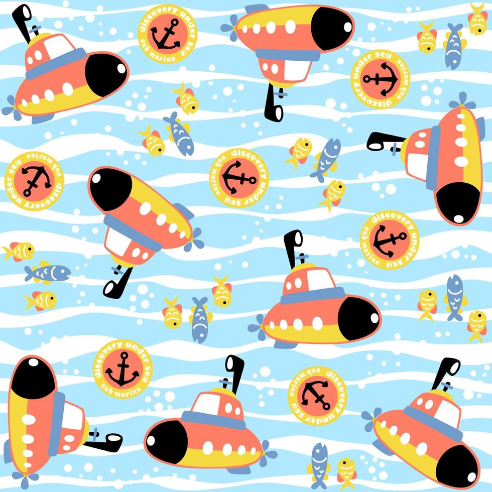 vector cartoon seamless pattern of submarine with fishes undersea